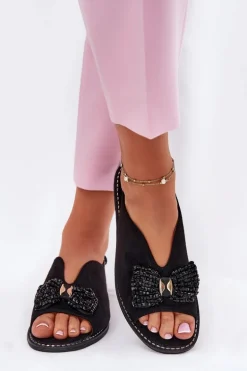 Sandały Damskie Z Kokardą Na Płaskim Obcasie S.Barski KV51-014 Czarne