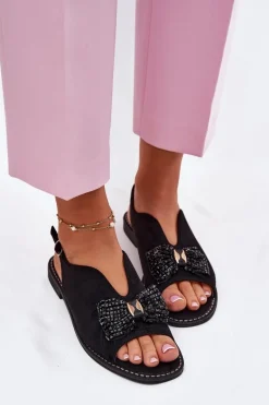 Sandały Damskie Z Kokardą Na Płaskim Obcasie S.Barski KV51-014 Czarne