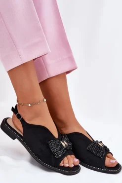 Sandały Damskie Z Kokardą Na Płaskim Obcasie S.Barski KV51-014 Czarne