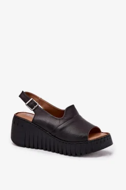 Sandały Damskie Z Naturalnej Skóry Na Koturnie Artiker 54C0791 Czarne