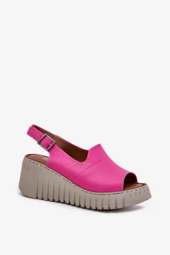 Sandały Damskie Z Naturalnej Skóry Na Koturnie Artiker 54C0789 Fuksja