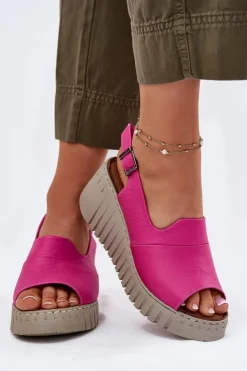 Sandały Damskie Z Naturalnej Skóry Na Koturnie Artiker 54C0789 Fuksja