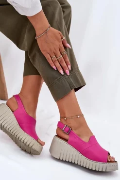 Sandały Damskie Z Naturalnej Skóry Na Koturnie Artiker 54C0789 Fuksja
