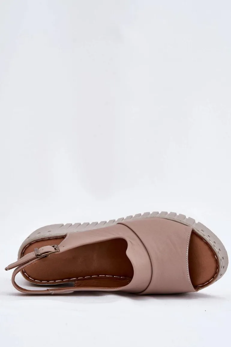 Sandały Damskie Z Naturalnej Skóry Na Koturnie Artiker 54C0788 Ciemnobeżowe