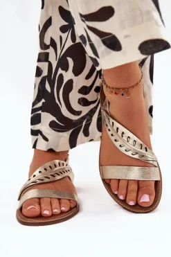 Sandały Damskie Z Naturalnej Skóry Na Płaskim Obcasie Zazoo 3564 Złote