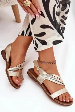 Sandały Damskie Z Naturalnej Skóry Na Płaskim Obcasie Zazoo 3564 Złote