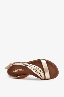 Sandały Damskie Z Naturalnej Skóry Na Płaskim Obcasie Zazoo 3564 Złote