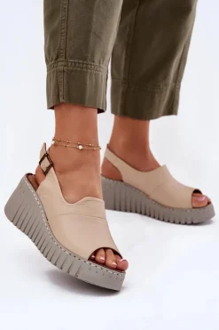 Sandały Damskie Z Naturalnej Skóry Na Koturnie Artiker 56C0957 Beżowe