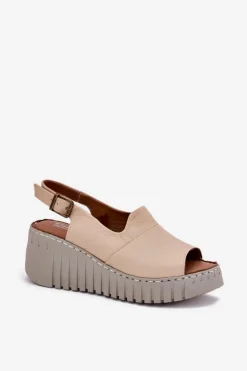 Sandały Damskie Z Naturalnej Skóry Na Koturnie Artiker 56C0957 Beżowe