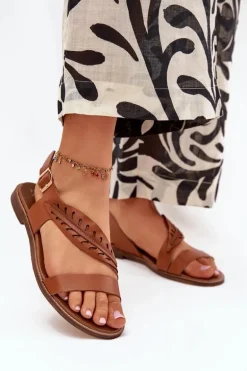 Sandały Damskie Z Naturalnej Skóry Na Płaskim Obcasie Zazoo 3564 Camel