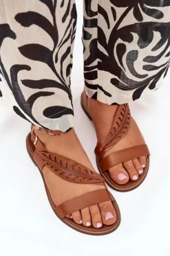 Sandały Damskie Z Naturalnej Skóry Na Płaskim Obcasie Zazoo 3564 Camel