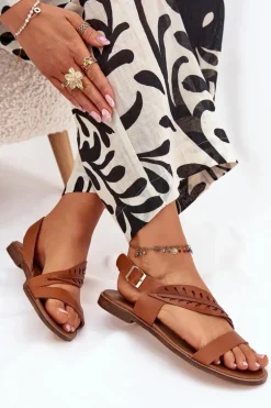 Sandały Damskie Z Naturalnej Skóry Na Płaskim Obcasie Zazoo 3564 Camel