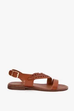 Sandały Damskie Z Naturalnej Skóry Na Płaskim Obcasie Zazoo 3564 Camel