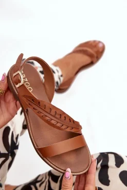 Sandały Damskie Z Naturalnej Skóry Na Płaskim Obcasie Zazoo 3564 Camel