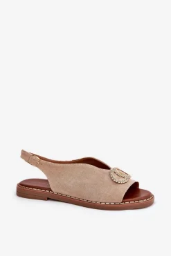 Sandały Damskie Z Ozdobą Na Płaskim Obcasie Eko Zamszowe Beżowe Ralisses