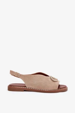 Sandały Damskie Z Ozdobą Na Płaskim Obcasie Eko Zamszowe Beżowe Ralisses