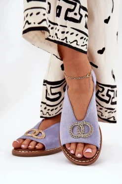 Sandały Damskie Z Ozdobą Na Płaskim Obcasie Eko Zamszowe Niebieskie Ralisses