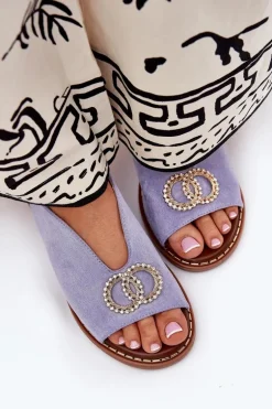 Sandały Damskie Z Ozdobą Na Płaskim Obcasie Eko Zamszowe Niebieskie Ralisses