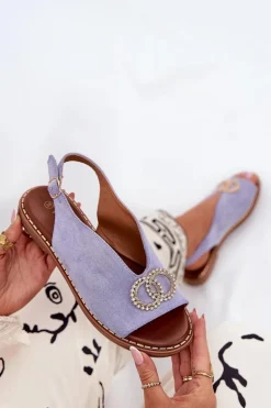 Sandały Damskie Z Ozdobą Na Płaskim Obcasie Eko Zamszowe Niebieskie Ralisses