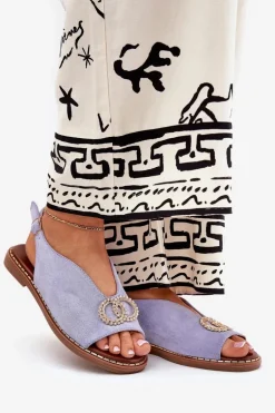 Sandały Damskie Z Ozdobą Na Płaskim Obcasie Eko Zamszowe Niebieskie Ralisses