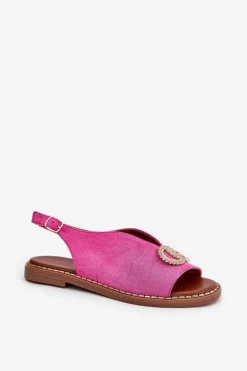 Sandały Damskie Z Ozdobą Na Płaskim Obcasie Eko Zamszowe Różowe Ralisses