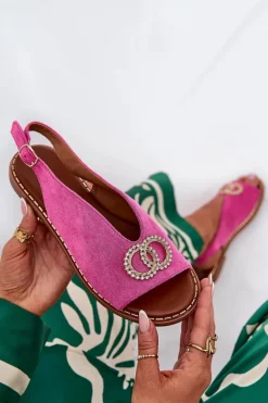 Sandały Damskie Z Ozdobą Na Płaskim Obcasie Eko Zamszowe Różowe Ralisses