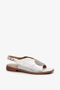 Sandały Damskie Z Ozdobą Na Płaskim Obcasie S.Barski KV24-057 Srebrne