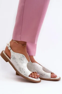 Sandały Damskie Z Ozdobą Na Płaskim Obcasie S.Barski KV24-057 Srebrne