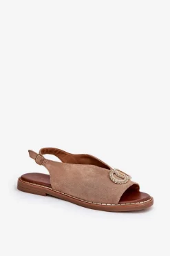 Sandały Damskie Z Ozdobą Na Płaskim Obcasie Eko Zamszowe Ciemnobeżowe Ralisses