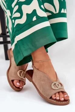 Sandały Damskie Z Ozdobą Na Płaskim Obcasie Eko Zamszowe Ciemnobeżowe Ralisses