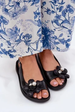 Sandały Damskie Z Ozdobnym Kwiatkiem Czarne Divonne