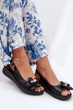 Sandały Damskie Z Ozdobnym Kwiatkiem Czarne Divonne