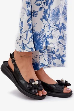 Sandały Damskie Z Ozdobnym Kwiatkiem Czarne Divonne