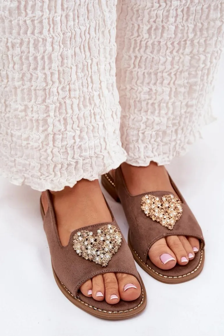 Sandały Damskie Z Ozdobnym Sercem S.Barski KV27-018 Ciemnobeżowe