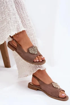 Sandały Damskie Z Ozdobnym Sercem S.Barski KV27-018 Ciemnobeżowe