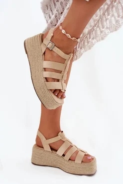 Sandały Damskie Z Paskami I Plecionką Beżowe Pardauss