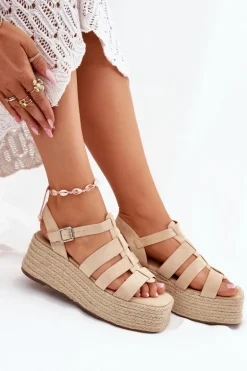 Sandały Damskie Z Paskami I Plecionką Beżowe Pardauss