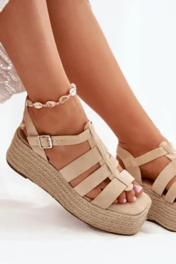 Sandały Damskie Z Paskami I Plecionką Beżowe Pardauss