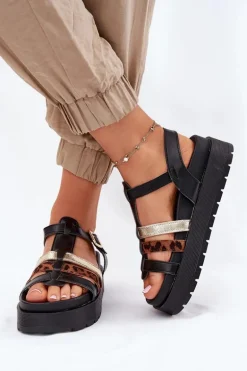 Sandały Damskie Z Paskami Na Platformie Czarne Gallari