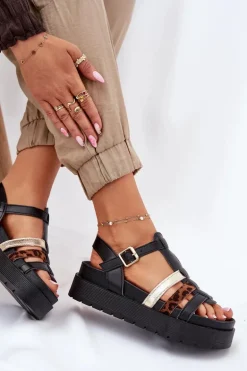 Sandały Damskie Z Paskami Na Platformie Czarne Gallari
