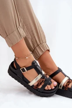 Sandały Damskie Z Paskami Na Platformie Czarne Gallari