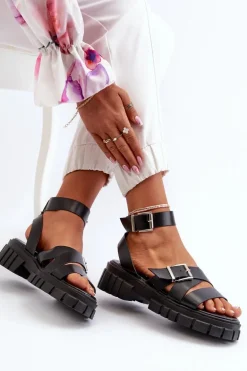 Sandały Damskie Z Paskami Eko Skórzane Czarne Eladira