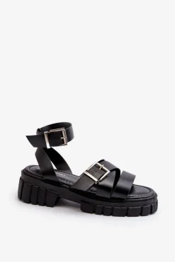 Sandały Damskie Z Paskami Eko Skórzane Czarne Eladira