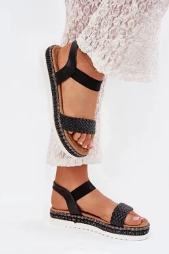 Sandały Damskie Z Plecionką Na Zdobionej Platformie Czarne Velara