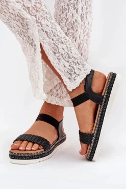 Sandały Damskie Z Plecionką Na Zdobionej Platformie Czarne Velara