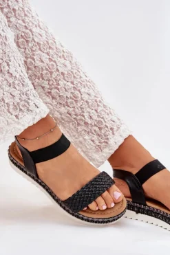Sandały Damskie Z Plecionką Na Zdobionej Platformie Czarne Velara