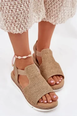 Sandały Damskie Z Plecionką Beżowo-Złote Jelana