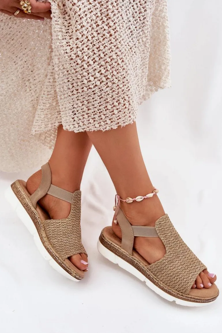 Sandały Damskie Z Plecionką Beżowo-Złote Jelana