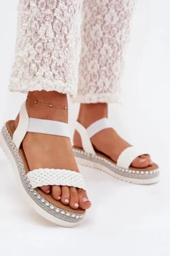 Sandały Damskie Z Plecionką Na Zdobionej Platformie Białe Velara