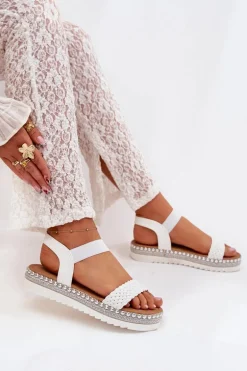Sandały Damskie Z Plecionką Na Zdobionej Platformie Białe Velara